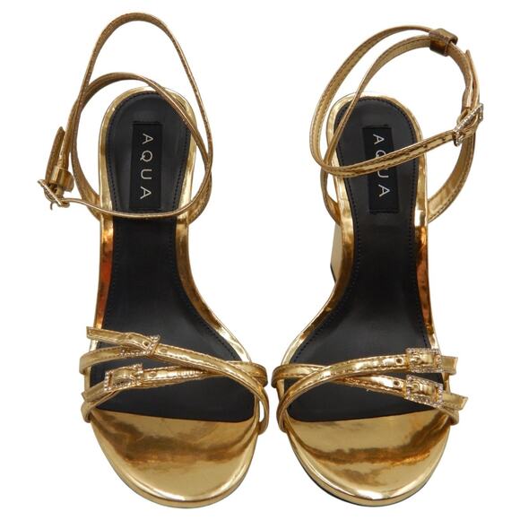 Aqua Crystal Embellished Buckle Strappy Block High Heel Sandals Metallic Gold 6B - Picture 2 of 6